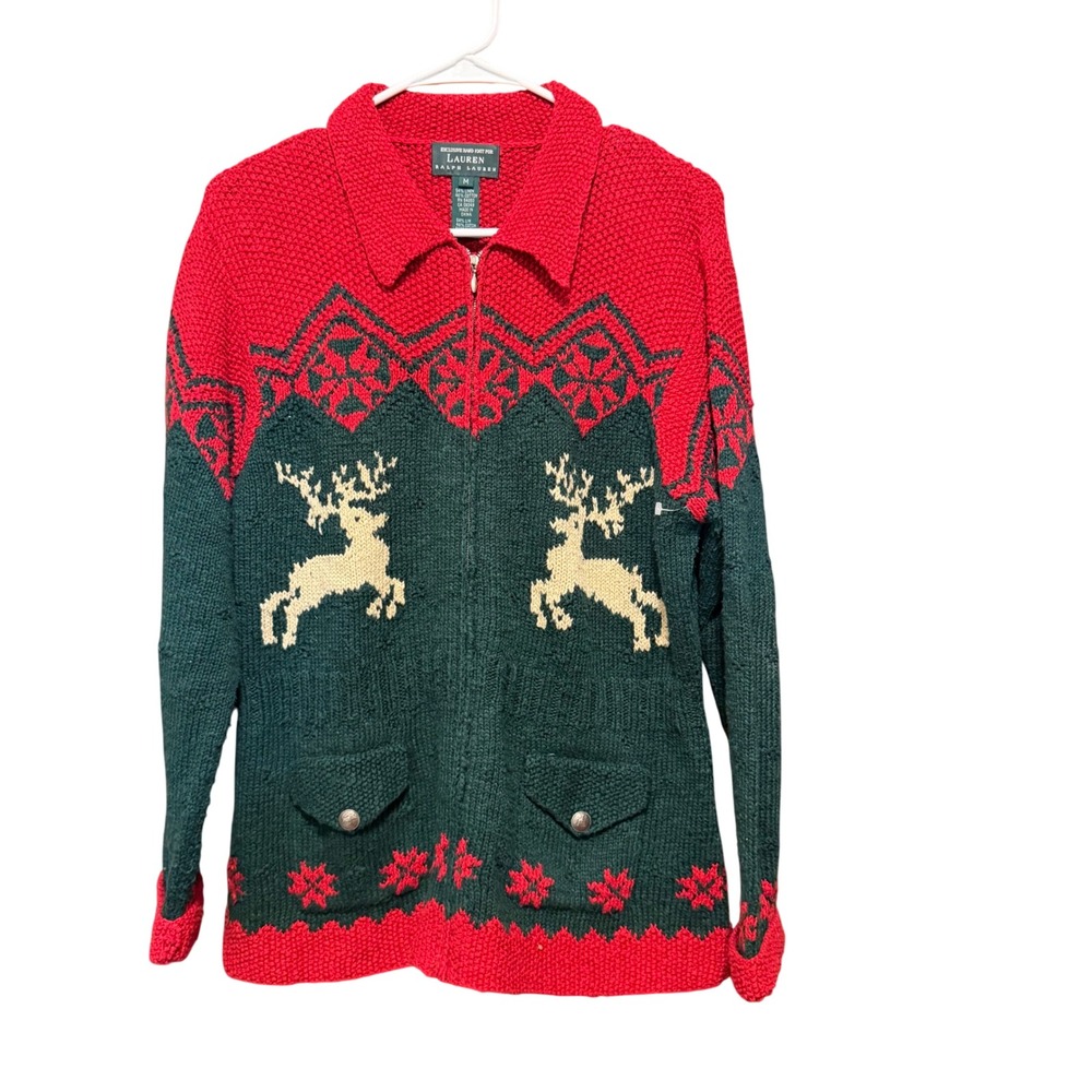 Lauren Ralph Lauren Hand Knit Reindeer Fair Isle Zip Cardigan Sweater Red Green